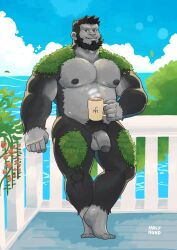 Rule 34 | 1boy, absurdres, adam&#039;s apple, against fence, bara, beard, body fur, cup, facial hair, fence, flaccid, full beard, full body, furry, furry male, gorilla boy, grey fur, hahasthund, highres, holding, holding cup, large pectorals, looking at viewer, male focus, male pubic hair, muscular, muscular male, nipples, original, outdoors, pectorals, penis, pubic hair, short hair, smile, solo, standing, strongman waist, thick beard, thick neck, thick thighs, thighs, uncensored