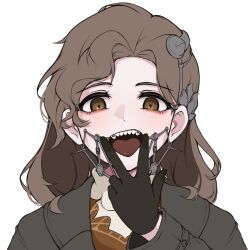 Rule 34 | 1girl, black gloves, braces, brown eyes, brown hair, eyebrows, gloves, highres, kkoma, korean commentary, long hair, looking at viewer, open mouth, reverse:1999, simple background, solo, teeth, tongue, tooth fairy (reverse:1999), upper teeth only, v over mouth, white background