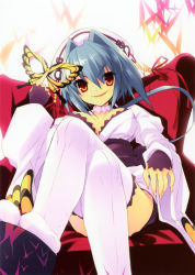 Rule 34 | 1girl, absurdres, blue hair, breasts, breasts apart, butterfly mask, chair, chouun, crossed legs, geta, hat, highres, ito noizi, koihime musou, mask, red eyes, sitting, thighhighs, white thighhighs