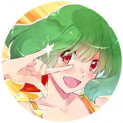 Rule 34 | 1girl, :d, anxflower, collarbone, fang, floating hair, green hair, hair between eyes, long hair, looking at viewer, macross, macross frontier, open mouth, portrait, ranka lee, red eyes, round image, smile, solo, spaghetti strap, white background