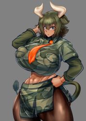 Rule 34 | 1girl, :/, abs, animal ears, arm up, aurochs (kemono friends), breast pocket, breasts, brown eyes, brown hair, brown pantyhose, camouflage, camouflage shirt, camouflage skirt, closed mouth, collared shirt, cow ears, cow girl, cow tail, cowboy shot, cropped shirt, curvy, dark-skinned female, dark skin, eyes visible through hair, green hair, grey background, hair between eyes, hand on own hip, highres, horns, huge breasts, impossible clothes, impossible shirt, kemono friends, layered sleeves, long sleeves, looking at viewer, medium hair, midriff, miniskirt, multicolored hair, naochi (bobi8081), necktie, pantyhose, pocket, print shirt, print skirt, red necktie, shirt, short over long sleeves, short sleeves, side slit, simple background, skirt, solo, stomach, tail, toned, wing collar