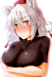 Rule 34 | 1girl, animal ear fluff, animal ears, blush, crossed arms, fang, fang out, hat, highres, inubashiri momiji, oshiaki, pom pom (clothes), red eyes, red hat, short sleeves, simple background, skin tight, solo, tokin hat, touhou, upper body, white background, white hair, wolf ears