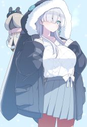 Rule 34 | 1girl, akitokage, anastasia (fate), animal ears, animal hood, black jacket, blue background, blue eyes, blush, bow, breasts, closed mouth, clothes tucked in, collarbone, commentary request, cowboy shot, doll, dress, fake animal ears, fate/grand order, fate (series), floating, floating object, fur trim, hair over one eye, hairband, hands up, heart, heart print, highres, hood, hood up, hooded jacket, huge breasts, jacket, long hair, long sleeves, looking at viewer, open clothes, pleated skirt, rabbit ears, silver hair, skirt, sleeves past wrists, solo, sweater, sweater tucked in, very long hair, white bow, white sweater