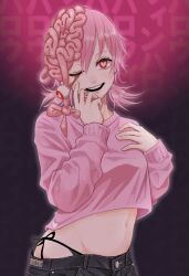 Rule 34 | 1girl, chainsaw man, cosmo (chainsaw man), dangling eye, exposed brain, hair ribbon, heart, heart-shaped pupils, highres, looking at viewer, midriff, navel, nyokki dream666, open mouth, panties, panty straps, pink hair, pink sweater, pink theme, red eyes, ribbon, short hair, short twintails, side-tie panties, smile, solo, sweater, symbol-shaped pupils, twintails, underwear