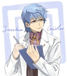Rule 34 | 1boy, blue background, blue hair, brown eyes, character name, clipboard, closed mouth, coat, commentary request, eiyuu densetsu, ffuald1013, glasses, highres, holding, holding clipboard, holding pen, joachim gunter, light smile, male focus, medium hair, pen, solo, two-tone background, upper body, white background, white coat, zero no kiseki