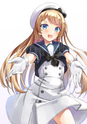 Rule 34 | 1girl, blonde hair, blue eyes, blue sailor collar, cowboy shot, dress, foreshortening, gloves, hat, jervis (kancolle), kantai collection, looking at viewer, mayura (lucadia), sailor collar, sailor dress, sailor hat, simple background, smile, solo, white background, white dress, white gloves, white hat
