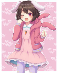 Rule 34 | 1girl, :3, animal ears, animal hood, blush, border, brown hair, carrot necklace, commentary request, contemporary, cowboy shot, dress, floppy ears, frilled dress, frills, heart, heart background, hood, hoodie, inaba tewi, jewelry, long sleeves, looking at viewer, necklace, one eye closed, open mouth, outside border, pantyhose, pink background, pink dress, pink hoodie, purple pantyhose, rabbit ears, rabbit hood, red eyes, short hair, smile, solo, tomo takino, touhou, white border