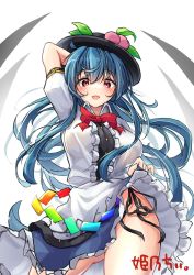 Rule 34 | 1girl, :d, arm up, black legwear, black panties, blue hair, blue skirt, bow, bowtie, center frills, clothes lift, cowboy shot, food, frilled skirt, frills, fruit, highres, hinanawi tenshi, hira-san, leaf, lifted by self, long hair, looking at viewer, open mouth, panties, peach, red bow, red bowtie, red eyes, shirt, short sleeves, skirt, skirt lift, smile, solo, standing, thighs, touhou, underwear, white background, white shirt