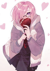 Rule 34 | 1girl, absurdres, black-framed eyewear, black dress, black pantyhose, bow, box, covering own mouth, cowboy shot, dress, fate/grand order, fate (series), glasses, heart, heart-shaped box, heart background, highres, holding, holding box, hood, hood down, hooded jacket, huge filesize, jacket, leaning forward, long sleeves, looking at viewer, mash kyrielight, necktie, open clothes, open jacket, pantyhose, pink bow, pink hair, pleated dress, purple eyes, red necktie, sava (sava 023), short dress, short hair, solo, standing, striped, striped bow, white background