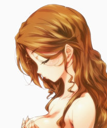 Rule 34 | 1girl, breast hold, breasts, brown hair, closed eyes, hairu, head tilt, long hair, original, portrait, simple background, solo, topless, white background