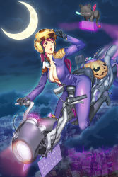 Rule 34 | 1girl, artist name, black cat, bodysuit, boots, breasts, candy, candy cane, cat, center opening, city, covered erect nipples, crescent moon, dated, demon wings, flying, food, gloves, halloween, helmet, high heel boots, high heels, highres, hover bike, jack-o&#039;-lantern, knee boots, lips, long hair, medium breasts, moon, night, night sky, open clothes, open mouth, original, outdoors, purple bodysuit, purple eyes, purple hair, rocky young, shiny clothes, signature, sitting, sky, solo, straddling, unzipped, wings, zipper