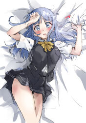 Rule 34 | 1girl, arms up, bed sheet, black skirt, black vest, blue eyes, blue hair, blunt bangs, blunt ends, blush, bow, breasts, commentary request, cowboy shot, curvy, from above, hand on own head, hatsukaze (kancolle), highres, kantai collection, long hair, looking at viewer, lying, medium breasts, miniskirt, on back, one-hour drawing challenge, open mouth, paid reward available, pleated skirt, sheet grab, shirt, short sleeves, shy, signature, skirt, solo, surprised, sweatdrop, thighs, usami (50-point caliper), variant set, vest, white shirt, wide-eyed, yellow bow