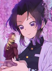 Rule 34 | 1boy, 1girl, animal print, assertive female, belt, black hair, blonde hair, blue butterfly, breasts, brown belt, bug, butterfly, butterfly hair ornament, butterfly print, closed eyes, closed mouth, douma (kimetsu no yaiba), flower, forehead, giant, giantess, hair ornament, hakama, haori, highres, insect, japanese clothes, kimetsu no yaiba, kochou shinobu, long hair, mini person, miniboy, nervous, nervous smile, parted bangs, ponytail, purple butterfly, purple eyes, red sweater, sellel, size difference, smile, smirk, sweater, toned, toned male, white hakama, wisteria