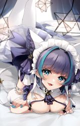 Rule 34 | 1girl, absurdres, azur lane, blue eyes, blue hair, blue nails, breast press, breasts, cheshire (azur lane), cleavage cutout, clothing cutout, crossed arms, curtains, dress, earrings, fang, frills, hair intakes, highres, jewelry, large breasts, looking at viewer, lying, maid headdress, multicolored hair, nail polish, on stomach, open mouth, ribbon, smile, solo, streaked hair, white legwear, white ribbon, yamaha tsui