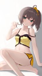 Rule 34 | 1girl, absurdres, bare legs, bare shoulders, barefoot, blush, breasts, brown hair, camisole, closed mouth, commentary request, crop top, green eyes, hair between eyes, hair ornament, hair scrunchie, hand up, highres, hololive, looking at viewer, midriff, natsuiro matsuri, natsuiro matsuri (matsuri&#039;s day off), navel, playing with own hair, scrunchie, shirt, short hair, short shorts, shorts, side ponytail, sitting, small breasts, solo, strap slip, thomas 8000, virtual youtuber, white background, yellow shirt, yellow shorts