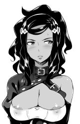 Rule 34 | 1girl, areola slip, bare shoulders, blush, breasts, cleavage, commentary, dark-skinned female, dark skin, dorothea (sirius), english commentary, geewhy, greyscale, highres, large breasts, long hair, looking to the side, monochrome, simple background, solo, sweatdrop, tenrou: sirius the jaeger, upper body, white background