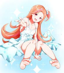 Rule 34 | 1girl, absurdres, barefoot, brown hair, dress, feet, gems company, highres, light blush, long hair, looking at viewer, naninu nene, open mouth, red eyes, side ponytail, soles, toes, virtual youtuber