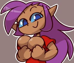 Rule 34 | 1girl, blue eyes, breasts, breasts out, cleavage, clothes pull, dark skin, grey background, large breasts, long hair, looking at viewer, nipple slip, nipples, pointy ears, purple hair, red shirt, shantae, shantae (series), shirt, shirt pull, short sleeves, smile, standing, upper body, vilepluff