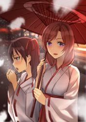 Rule 34 | 10s, 2girls, absurdres, black hair, blush, highres, holding, holding umbrella, japanese clothes, kitazawa (embers), looking at viewer, love live!, love live! school idol festival, love live! school idol project, md5 mismatch, miko, multiple girls, new year, nishikino maki, oil-paper umbrella, open mouth, outdoors, purple eyes, red eyes, red hair, resolution mismatch, ribbon-trimmed sleeves, ribbon trim, short hair, smile, source larger, twintails, umbrella, yazawa nico