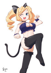 Rule 34 | 1girl, akashieru, animal ears, artist name, black thighhighs, blonde hair, blue bra, blue eyes, blue panties, bra, breasts, cat cutout, cat ears, cat lingerie, cat tail, cleavage, clothing cutout, commentary request, drill hair, feet out of frame, frilled bra, frilled thighhighs, frills, highres, honolulu (kancolle), kantai collection, large breasts, leg up, long hair, meme attire, panties, paw pose, signature, simple background, solo, tail, thighhighs, twin drills, twintails, underwear, white background
