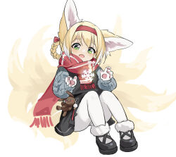 Rule 34 | 1girl, :d, absurdres, alternate costume, amiya (arknights), animal ear fluff, animal ears, arknights, black dress, black footwear, blonde hair, braid, chinese commentary, commentary request, dress, fox ears, fox girl, fox tail, full body, fur-trimmed footwear, fur trim, green eyes, grey sweater, hairband, highres, kitsune, knees up, kyuubi, looking at viewer, multiple tails, open mouth, pantyhose, paw print, paw print palms, red hairband, red scarf, revision, scarf, shio (shiofeifei), shoes, simple background, sitting, smile, snowflakes, solo, stuffed animal, stuffed rabbit, stuffed toy, suzuran (arknights), sweater, tail, white background, white pantyhose
