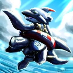 Rule 34 | crests (digimon), digimon, fins, green eyes, looking at viewer, ocean, orca, orcamon, tail, tongue, water