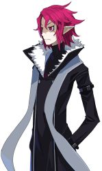 Rule 34 | 1boy, coat, disgaea, disgaea d2, expressionless, hand in pocket, harada takehito, male focus, messy hair, official art, pointy ears, red eyes, red hair, scarf, shirt, solo, upper body, white background, xenolith