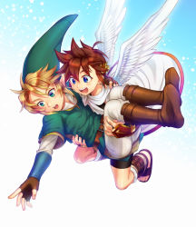 Rule 34 | 11kkr, 2boys, angel, bad id, bad pixiv id, belt, blonde hair, blue eyes, boots, brown hair, carrying, fingerless gloves, flying, gloves, happy, hat, kid icarus, link, looking down, male focus, multiple boys, nintendo, open mouth, outstretched arm, pit (kid icarus), pointing, pointy ears, princess carry, sandals, short hair, smile, star (symbol), super smash bros., the legend of zelda, white wings, wings