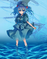 Rule 34 | 1girl, absurdres, backpack, bag, blue hair, blush, boots, hair bobbles, hair ornament, hat, highres, kawashiro nitori, key, looking at viewer, mare (shiori 3021), pocket, rubber boots, short hair, skirt, skirt set, solo, touhou, transmission tower, twintails, two side up, wading, water