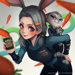 Rule 34 | 1girl, animal, animal ears, artist name, badge, belt, blush, carrot, carrot hair ornament, disney, dual persona, english text, facebook username, food-themed hair ornament, grey hair, hair ornament, hair ribbon, hairclip, hand on own ass, judy hopps, leaning, leaning forward, lips, long sleeves, looking at viewer, low twintails, magion02, no bangs, pants, personification, police, police uniform, policewoman, purple eyes, rabbit ears, ribbon, smile, smug, tareme, tress ribbon, twintails, uniform, vest, watermark, web address, zootopia