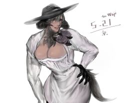 Rule 34 | 1boy, absurdres, alcina dimitrescu, alcina dimitrescu (cosplay), androgynous, artist request, au ra, black hair, breasts, cleavage, cosplay, crossdressing, dragon horns, dress, final fantasy, final fantasy xiv, hat, highres, horns, jewelry, large breasts, leaning forward, necklace, resident evil, resident evil village, scales, solo, sun hat, tail, white dress