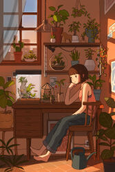 Rule 34 | 1girl, absurdres, aquarium, barefoot, basket, blue pants, blunt bangs, blush, brown hair, building, cable, cactus, chair, city, closed mouth, commentary request, cup, curtains, denim, desk, electrical outlet, feet, fish, flower pot, full body, hand up, hanging light, hanging plant, head rest, highres, indoors, jeans, marunoki, on chair, original, pants, photo (object), picture frame, pink shirt, plant, potted plant, rug, sculpture, shelf, shirt, short hair, sitting, sleeveless, sleeveless shirt, smile, solo, stool, sunset, table, terrarium, vase, watering can, window, wooden floor