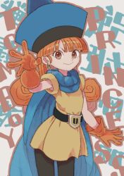 Rule 34 | 1girl, alena (dq4), belt, black belt, black pantyhose, blue cape, blue hat, cape, closed mouth, commentary, cowboy shot, curly hair, dragon quest, dragon quest iv, dress, earrings, gloves, hat, jewelry, legs apart, long hair, orange gloves, orange hair, outline, pantyhose, red eyes, red outline, short dress, sicky (pit-bull), smile, solo, standing, yellow dress