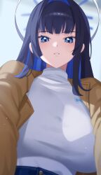 Rule 34 | 1girl, absurdres, blue eyes, blue pants, blush, breasts, brown coat, cho 913, coat, colored inner hair, commentary, denim, english commentary, from below, hair intakes, high-waist pants, highres, hololive, hololive english, jeans, large breasts, long hair, looking at viewer, multicolored hair, official alternate costume, official alternate hairstyle, open clothes, open coat, ouro kronii, ouro kronii (casual), pants, parted lips, solo, sweater, sweater tucked in, trench coat, turtleneck, turtleneck sweater, upper body, virtual youtuber, white sweater