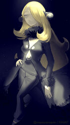 1girl black_collar blonde_hair closed_eyes closed_mouth coat collar creatures_(company) cynthia_(pokemon) fur-trimmed_coat fur_collar fur_trim game_freak hair_ornament hair_over_one_eye hand_on_own_hip long_hair long_sleeves mayotsunamayo nintendo pants pokemon pokemon_dppt shirt shoes solo standing