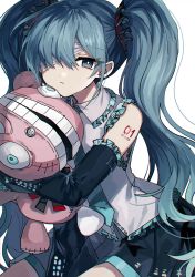 Rule 34 | 1girl, absurdres, bandage over one eye, black skirt, black sleeves, blue eyes, blue hair, blue necktie, closed mouth, collared shirt, commentary request, danjou sora, detached sleeves, frilled shirt collar, frilled sleeves, frills, grey shirt, hair over one eye, hatsune miku, highres, long hair, long sleeves, looking at viewer, necktie, hugging object, pleated skirt, shirt, simple background, skirt, sleeveless, sleeveless shirt, solo, stuffed toy, twintails, very long hair, vocaloid, white background