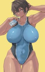 Rule 34 | 1girl, armpits, blue one-piece swimsuit, breasts, brown hair, collarbone, covered erect nipples, covered navel, dark-skinned female, dark skin, dated commentary, gluteal fold, highres, holding carton, kei (m k), large breasts, looking at viewer, m k, one-piece swimsuit, original, red eyes, short hair, solo, swimsuit, thighs, tomboy, wet, wet clothes, wet swimsuit, yellow background