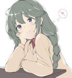 Rule 34 | alternate costume, blue eyes, braid, closed mouth, green hair, heart, kohaku q, long sleeves, princess connect!, shirt, simple background, smile, solo, split mouth, sweater, table, thinking, thought bubble, twin braids, white background, yuni (princess connect!), yuni (real) (princess connect!)