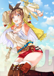 Rule 34 | 1girl, armpits, atelier (series), atelier ryza, atelier ryza 1, belt, blue belt, blue sky, boots, breasts, bridal legwear, brown belt, brown eyes, brown hair, cloud, day, flask, gloves, hair ornament, hairclip, highres, jacket, jewelry, large breasts, leather, leather belt, leather gloves, navel, necklace, open mouth, porurin, red shorts, reisalin stout, round-bottom flask, short hair, short shorts, shorts, sky, sleeveless, sleeveless jacket, star (symbol), star necklace, thick thighs, thighhighs, thighhighs under boots, thighs, toeless footwear, vial, white headwear, yellow jacket