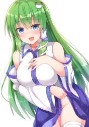 Rule 34 | 1girl, :d, bad id, bad pixiv id, bare shoulders, blue eyes, blue skirt, blush, breasts, breath, clothes lift, commentary request, cowboy shot, detached sleeves, frog hair ornament, green hair, groin, hair between eyes, hair ornament, hair tubes, hand on own chest, highres, kochiya sanae, large breasts, leaning forward, lifting own clothes, long hair, long sleeves, looking at viewer, no panties, open mouth, shirt, sidelocks, simple background, skirt, skirt lift, smile, snake hair ornament, solo, standing, thighhighs, tksand, touhou, very long hair, white background, white shirt, white thighhighs, wide sleeves