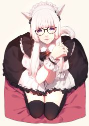 Rule 34 | 1girl, animal ears, arms up, black-framed eyewear, black bow, black bowtie, black dress, black ribbon, black thighhighs, blunt bangs, blush, bow, bowtie, caidychen, cat ears, cat tail, character request, closed mouth, commentary, dress, final fantasy, final fantasy xiv, from above, full body, glasses, hat, head tilt, highres, kneeling, looking at viewer, maid headdress, own hands together, pleated dress, purple eyes, ribbon, short sleeves, simple background, solo, tail, tan background, thighhighs, white background, white hair, white hat, white wrist cuffs, wrist cuffs, zettai ryouiki