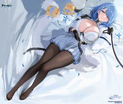 Rule 34 | 1girl, animal, azur lane, bed sheet, belt, bird, black belt, black gloves, black leash, black pantyhose, blue hair, blush, breasts, brown pantyhose, chain, chapayev (azur lane), chick, cleavage, cleavage cutout, closed mouth, clothing cutout, copyright name, copyright notice, feet, flower, full body, fur trim, gloves, hair ornament, hair over one eye, hairclip, half-closed eyes, hat, highres, holding, holding leash, jacket, large breasts, leash, logo, long sleeves, looking at viewer, lying, manjuu (azur lane), medium hair, military hat, miniskirt, mole, mole on breast, momokan (kandume200), non-web source, official art, on back, on bed, pantyhose, peaked cap, petals, pillow, pleated skirt, pov, purple eyes, skirt, swept bangs, thighs, unworn hat, unworn headwear, viewer on leash, white hat, white jacket, white skirt