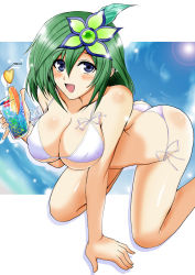 Rule 34 | 1990s (style), 1girl, ass, bent over, bikini, blue eyes, blush, breasts, butt crack, cleavage, covered erect nipples, female focus, final fantasy, final fantasy iv, green hair, huge breasts, large breasts, aged up, rydia (ff4), short hair, side-tie bikini bottom, solo, swimsuit, yasakani an
