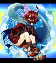 Rule 34 | 1girl, black socks, blue scarf, boots, bow, cape, covered mouth, hair bow, hair ornament, highres, hiyori-1108, long sleeves, looking at viewer, purple bow, red cape, red eyes, red hair, red ribbon, red skirt, ribbon, scarf, sekibanki, short hair, skirt, snowflakes, socks, solo, torn cape, torn clothes, touhou