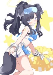 Rule 34 | 1girl, absurdres, animal ears, arm tattoo, black hair, blue archive, blue eyes, blush, bracelet, breasts, closed mouth, crop top, dog ears, dog tail, gloves, goggles, goggles on head, halo, hibiki (blue archive), hibiki (cheer squad) (blue archive), highres, holding, holding pom poms, jewelry, klaius, long hair, looking back, medium breasts, millennium cheerleader outfit (blue archive), pom pom (cheerleading), pom poms, ponytail, sidelocks, simple background, single glove, skirt, solo, star tattoo, tail, tattoo, white background, white gloves, white skirt