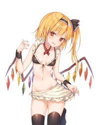 Rule 34 | 1girl, :d, alternate costume, apron, bare arms, bare shoulders, bikini, black bikini, black hairband, black ribbon, black thighhighs, blonde hair, blush, breasts, cha chya, collarbone, commentary, cowboy shot, crystal, enmaided, fang, flandre scarlet, frilled apron, frilled bikini, frilled ribbon, frills, front-tie bikini top, front-tie top, groin, hair ribbon, hairband, hand up, head tilt, highres, long hair, looking at viewer, maid, maid apron, maid bikini, navel, no headwear, no shoes, one side up, open mouth, pointy ears, red eyes, ribbon, sidelocks, simple background, small breasts, smile, solo, stomach, swimsuit, thighhighs, thighs, touhou, unconventional maid, waist apron, white apron, white background, wings, wrist cuffs, zettai ryouiki