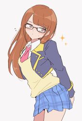 Rule 34 | 1girl, arms behind back, blue skirt, blush, brown eyes, brown hair, character request, collared shirt, copyright request, cropped jacket, glasses, grey background, grey jacket, head tilt, highres, jacket, looking to the side, necktie, nojima minami, plaid, plaid skirt, red necktie, school uniform, shirt, skirt, solo, sparkle, vest, watch, white shirt, wristwatch, yellow vest