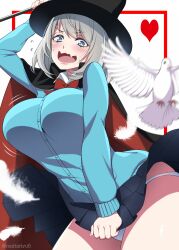 Rule 34 | 1girl, assistant (tejina senpai), bird, blue eyes, blue sweater, blurry, blush, bokeh, breasts, commentary request, depth of field, dove, fang, feathers, flying sweatdrops, grey hair, heart, highres, holding, holding wand, huge breasts, looking at viewer, mattari yufi, open mouth, panties, pantyshot, pleated skirt, short hair, skirt, skirt hold, solo, sweater, tejina senpai, tejina senpai (series), underwear, wand
