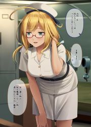 Rule 34 | 1girl, ahoge, arm up, blonde hair, blue eyes, blush, breasts, buttons, collarbone, commentary request, dress, glasses, hair ribbon, hand in own hair, hat, highres, i-8 (kancolle), ichikawa feesu, indoors, kantai collection, large breasts, leaning forward, long hair, looking to the side, low twintails, open mouth, red-framed eyewear, ribbon, see-through, short sleeves, skirt, solo, speech bubble, translation request, twintails, white dress, white skirt