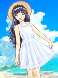 Rule 34 | 1girl, :d, bare arms, bare shoulders, beach, blue sky, blunt bangs, clothes lift, cloud, day, dress, dress lift, etou ranze, hat, highres, lifted by self, long hair, looking at viewer, mizumori keiichi, open mouth, outdoors, purple hair, sand, sky, smile, solo, standing, straight hair, tokimeki tonight, water, white dress, yellow hat